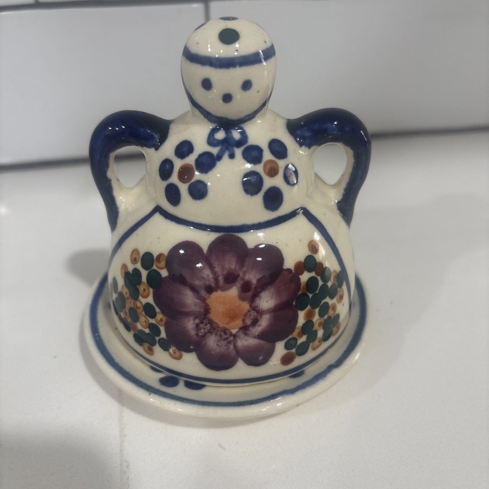 Vintage Boleslawiec Polish Pottery Lady Cheese Or Butter Dish